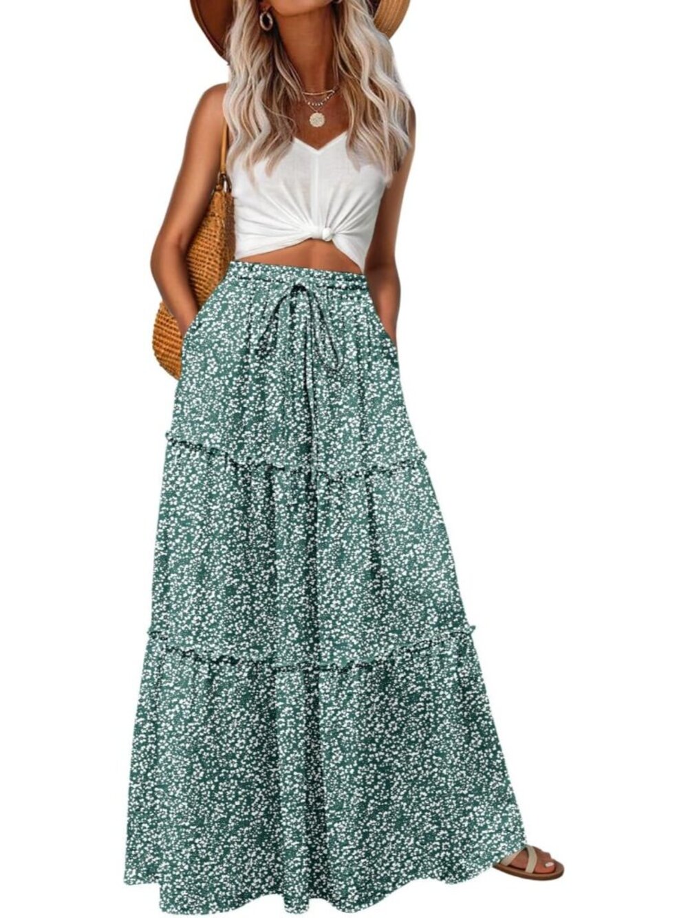 Women's Boho High Waisted Floral Green Maxi Skirts Tiered Floral Long Skirts